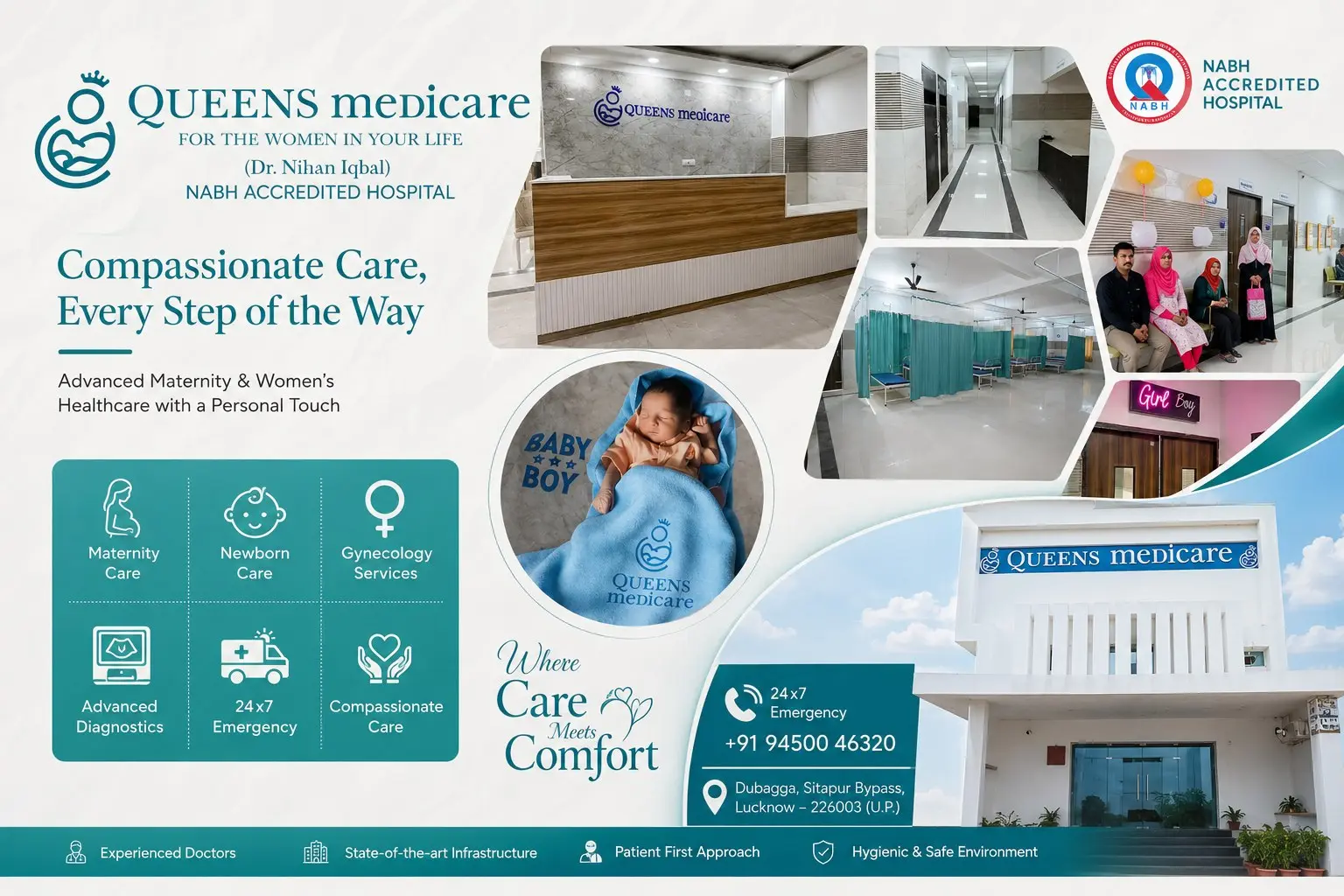 Queens Medicare — compassionate care, every step of the way. Reception, wards, corridors and 24×7 emergency in Lucknow.